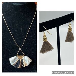 20” Boho Inspired Gold Tone Necklace w/ Earth Tone Pendant & Taupe Earrings